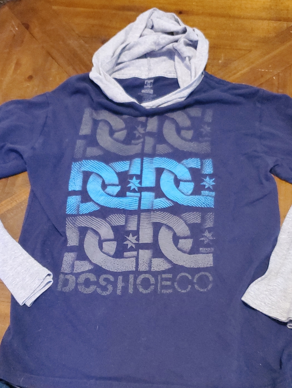 DC Navy Pullover Hoodie with Gray Hood and Blue Logo